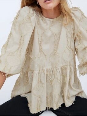 Zara Beige Textured Peasant Blouse